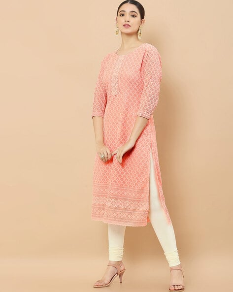 Blue Ombre Chikankari Cotton Straight Kurta