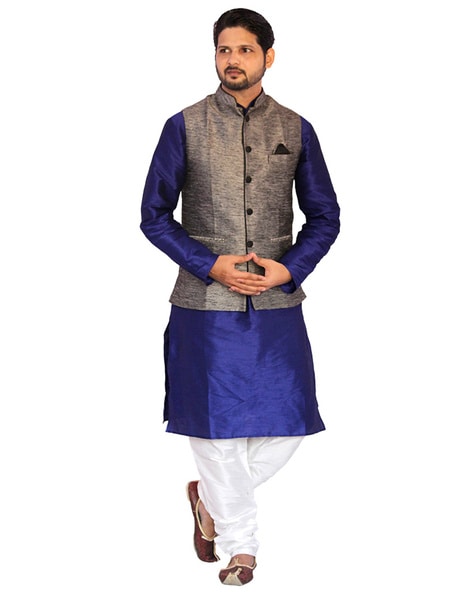 Royal blue kurta hot sale with waistcoat