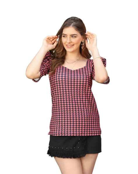 Houndstooth Top with Puff Sleeves