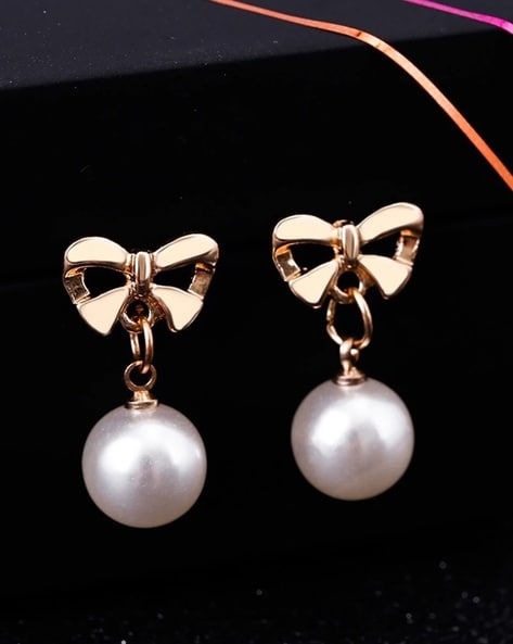 Fashion Earrings Simulated Red Pearl Bow Earrings Charm Girl Gold Plated  Banquet Rib | Fruugo NO