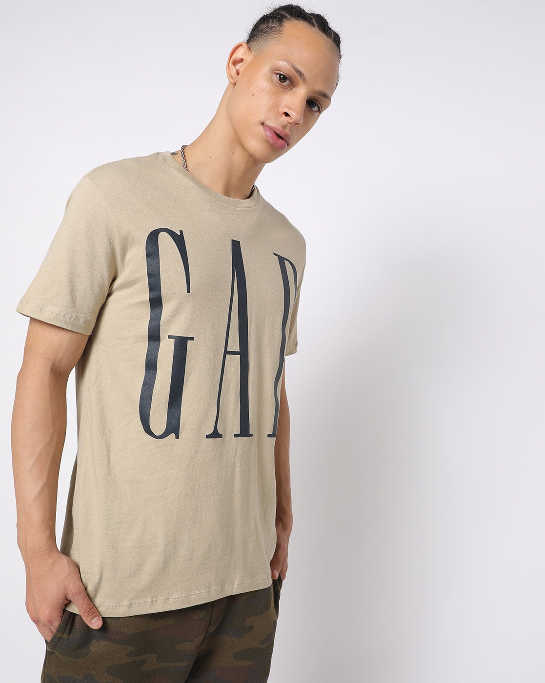 Printed Crew Neck T-shirt, Beige