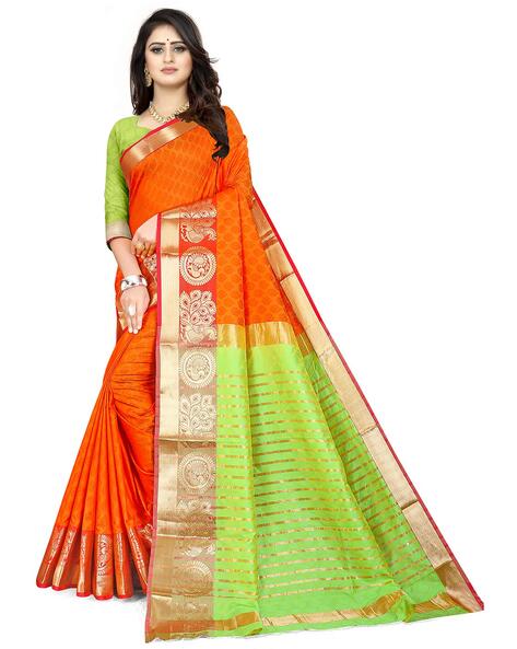 Orange Pure Silk Half Saree with zari design, contrast ogee pattern  dhavani, border & blouse with mayil & floral design