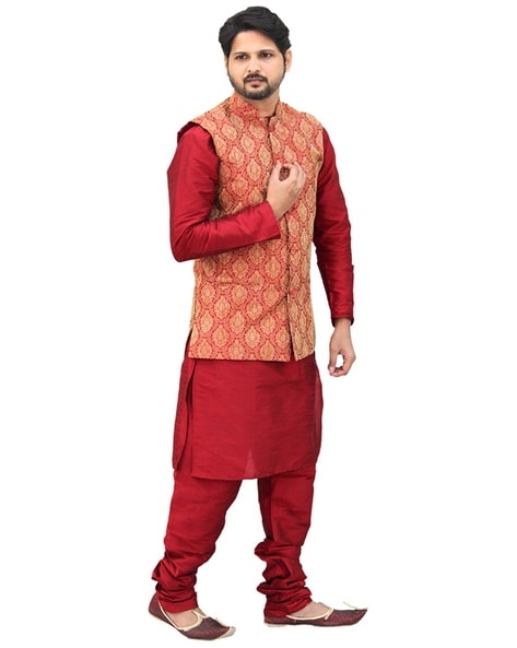 Buy Fiery Red Textured Georgette Jacket And Silk Kurta Set