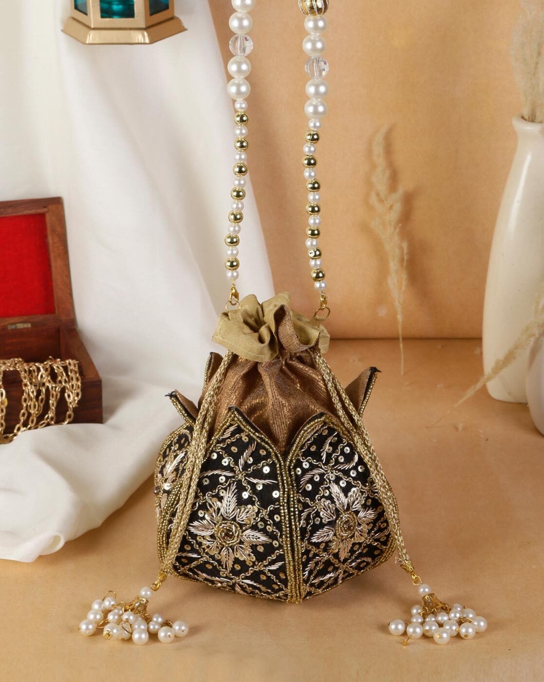 Buy Trendifly Traditional designer potli purse bag for women  Potli bag  for ladies girls Embroidered Drawstring with peral handle  Tassel Bridal  Evening party Return Gift batwa for ladies Cream at