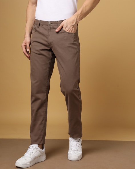Buy Men Khaki Slim Fit Solid Flat Front Casual Trousers Online