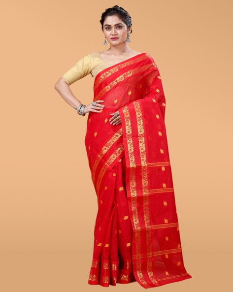 Pure Tant Silk Red and Yellow Color Saree - Pradip Fabrics