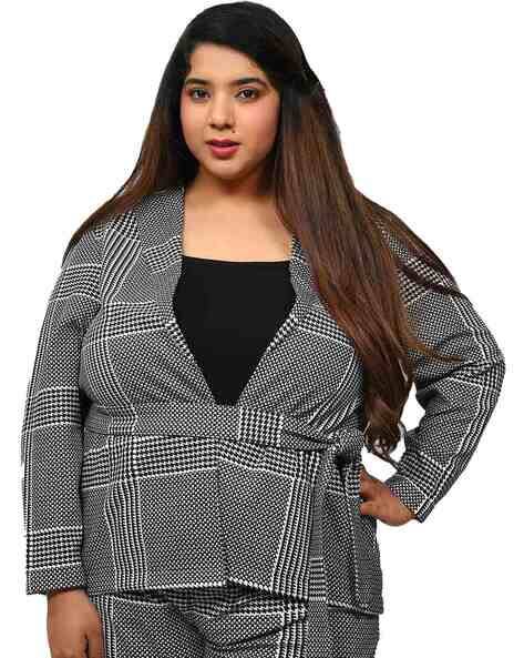 Women Plus Size Checked Open-Front Blazer with Tie-Up Belt