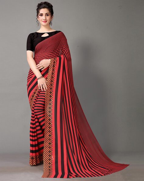 Buy Radhe Creation Women's Georgette Saree With Blouse Piece (Red & Black)  at Amazon.in