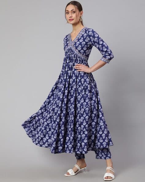 Floral Print Flared Kurta with Pants & Dupatta