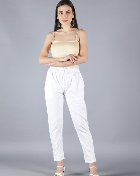 Buy ICW Womens White Chikankari Lycra Cigarette Straight Stretchable  Lucknowi Pant Free Size M L XL at Amazonin
