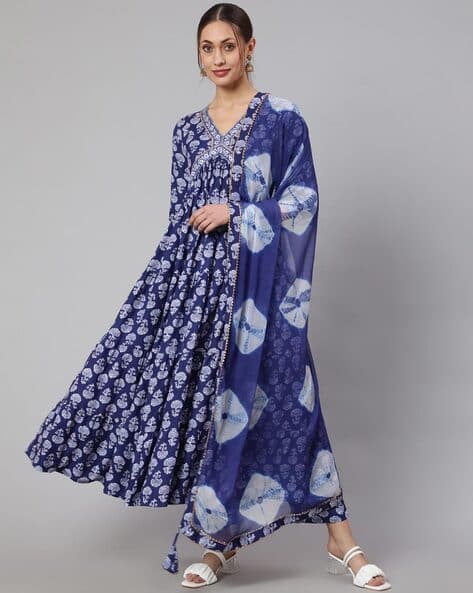 Floral Print Flared Kurta with Pants & Dupatta