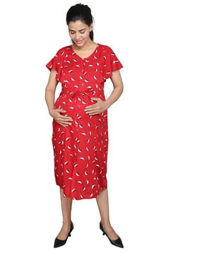 mama & bebe Leaf Print A-Line Dress with Waist Tie-Up-picture-0