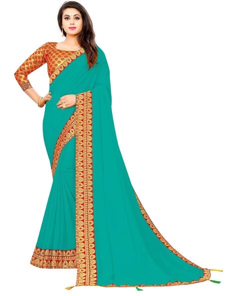 Buy Cyan Blue Linen Saree online-Karagiri