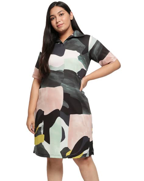 Women Plus Size Colour-Block Print Shirt Dress