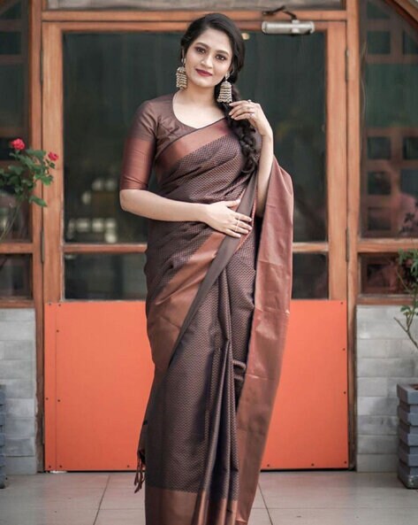 Pure Soft Silk Saree Copper Golden Zari Weaved Border And Rich Pallu With  Beautiful Motifs Work And Blouse Piece - Urban Libaas