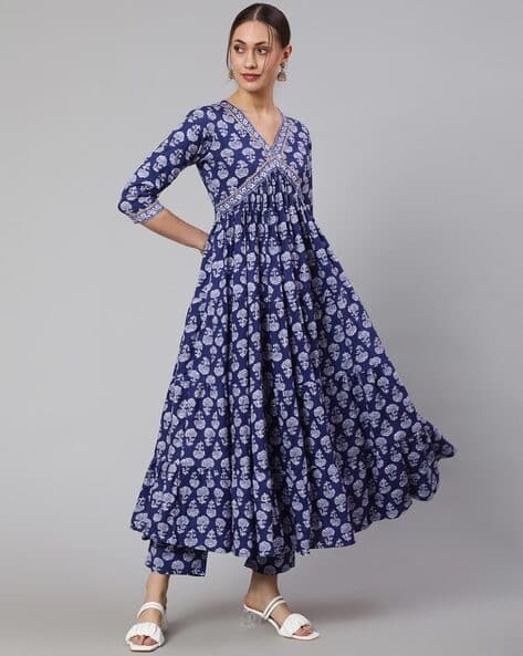 Floral Print Flared Kurta with Pants & Dupatta