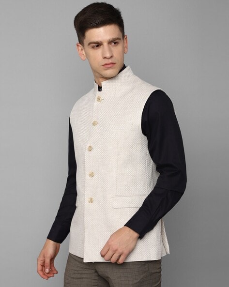 Checked Slim Fit Linen Nehru Jacket