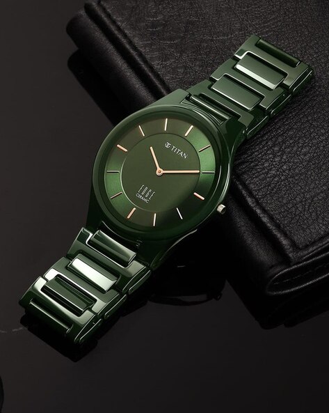 TITAN 1696QC06 Titan Edge Ceramic Quartz Analog Green Strap Watch