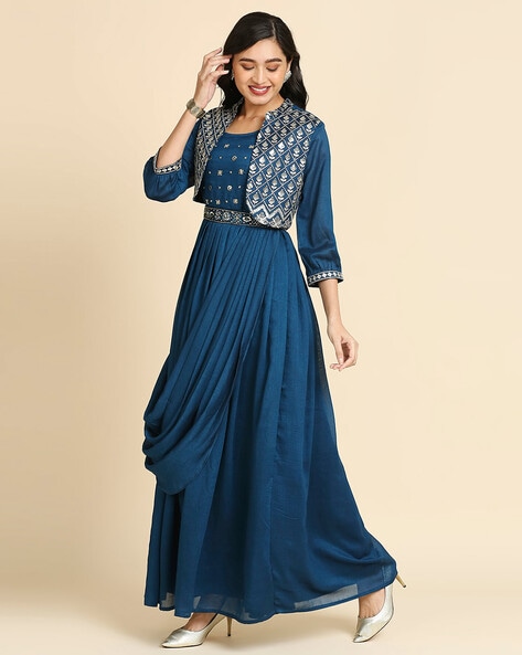 A-line Maxi Ethnic Dress With Jacket– Inddus.in
