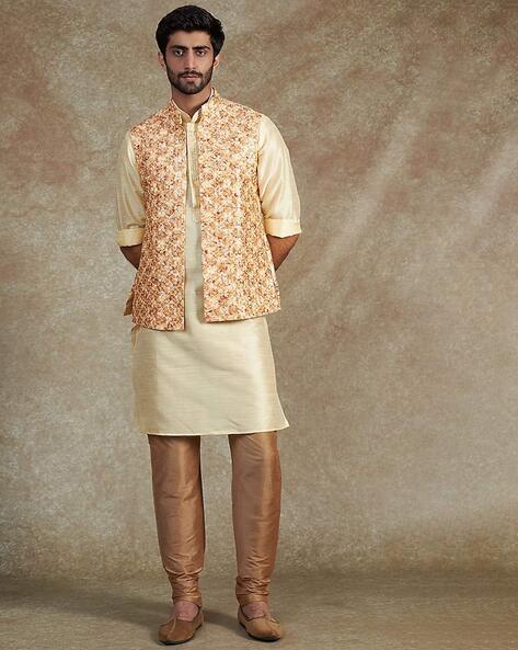 Buy Manyavar Kurta Jacket Set for Men, Full Sleeves Mandarin Collar Ethnic  Wear Jacket Set for Festival, Wedding, Party Satin (Off White, S) at  Amazon.in