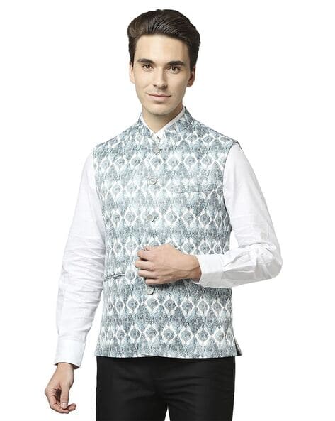 Printed Waistcoat with Mandarin Collar