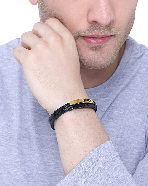 Manufacturer of Mens 18k gold leather bracelet-mlb100 | Jewelxy - 140488