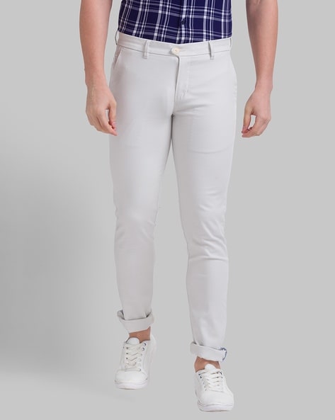Buy White Mid Rise Slim Trousers Online In India