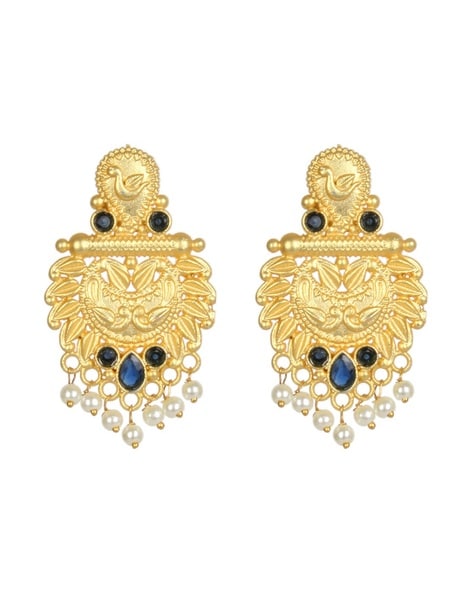 Ruby Emerald Matte Gold Plated Pearl Hanging Jumki Online|Kollam Supreme