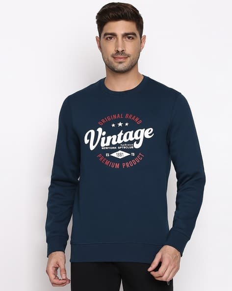 Men Blue Vintage Sweatshirt Peter England Men Blue Printed Crew