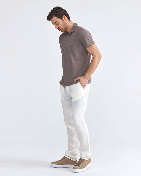 Men White Solid Smart Auto Fit Waist Formal Trousers  dennisonfashionindia