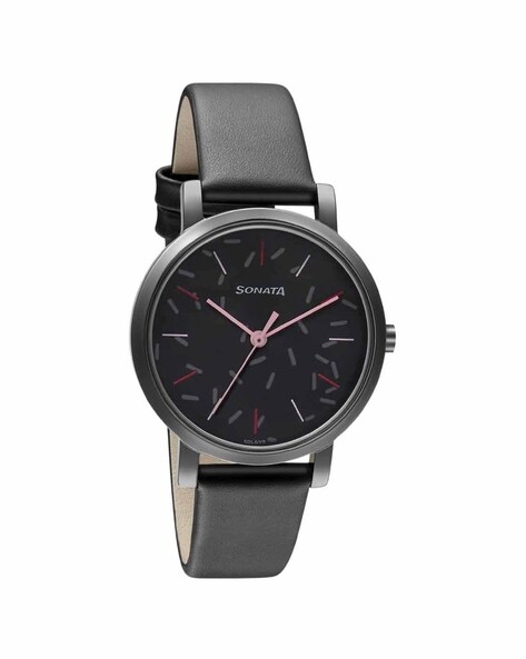 Sonata Play Black Dial Women Watch With Leather Strap