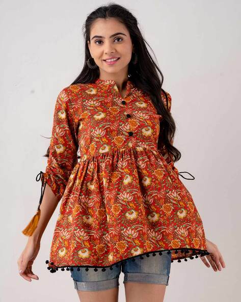 Buy Miravan Womens Beige Plus Size Cotton Floral Printed Short Kurti online