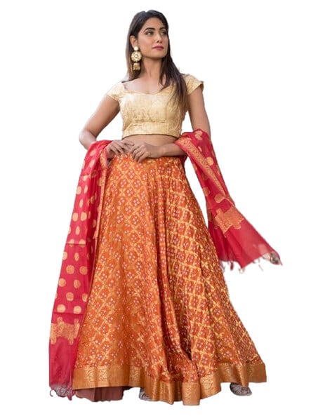 Orange Golden Woven With Pleated Jacquard Silk Lehenga – Maharani