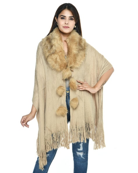 Woolen Fur Collar Stole with Fringes Price in India