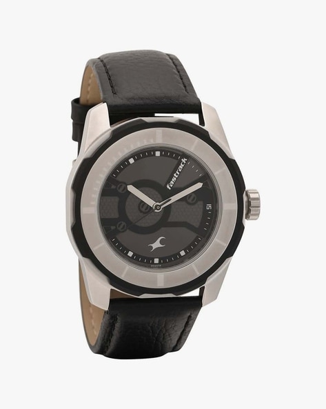 Fastrack men's black dial watch with leather on sale strap