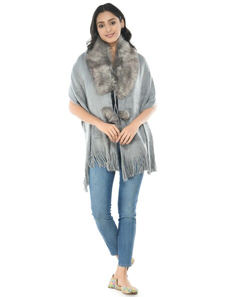 Woolen Fur-Neck Stole with Fringes Price in India