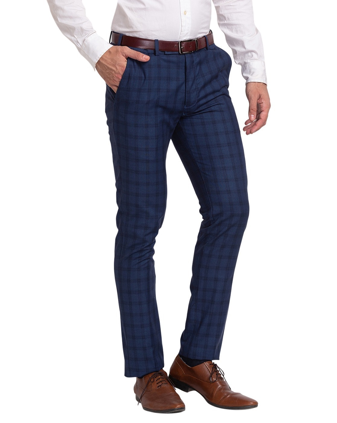 Elegant mens checked trousers blue DJP85  Fashionformeneu