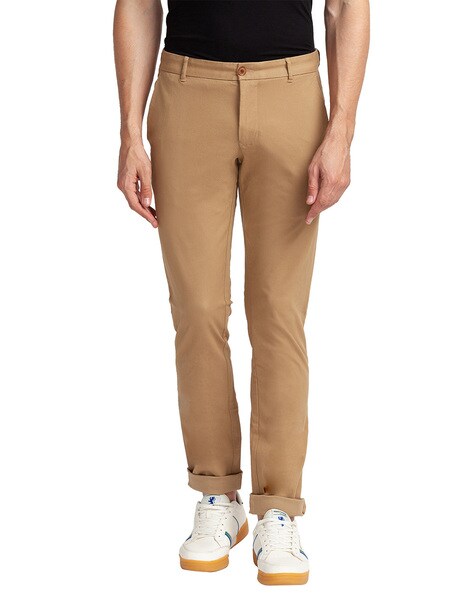 Buy NoBiY Mid Waist Khaki and Brown Color Mix Media Trouser Pants Online