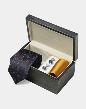 MENSOME Blue Geometric Tie, Pocket Square, and Cufflink Formal Gift Set - Set of 3