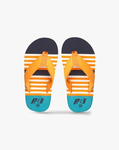 Orange and blue store flip flops