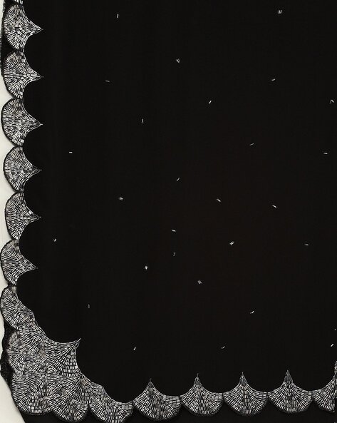 Black Net Scallop Lace Trim with Black Sequins, Sari Border, Embroider