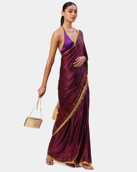 Buy Wine Threadwork Georgette Designer Saree - Koskii