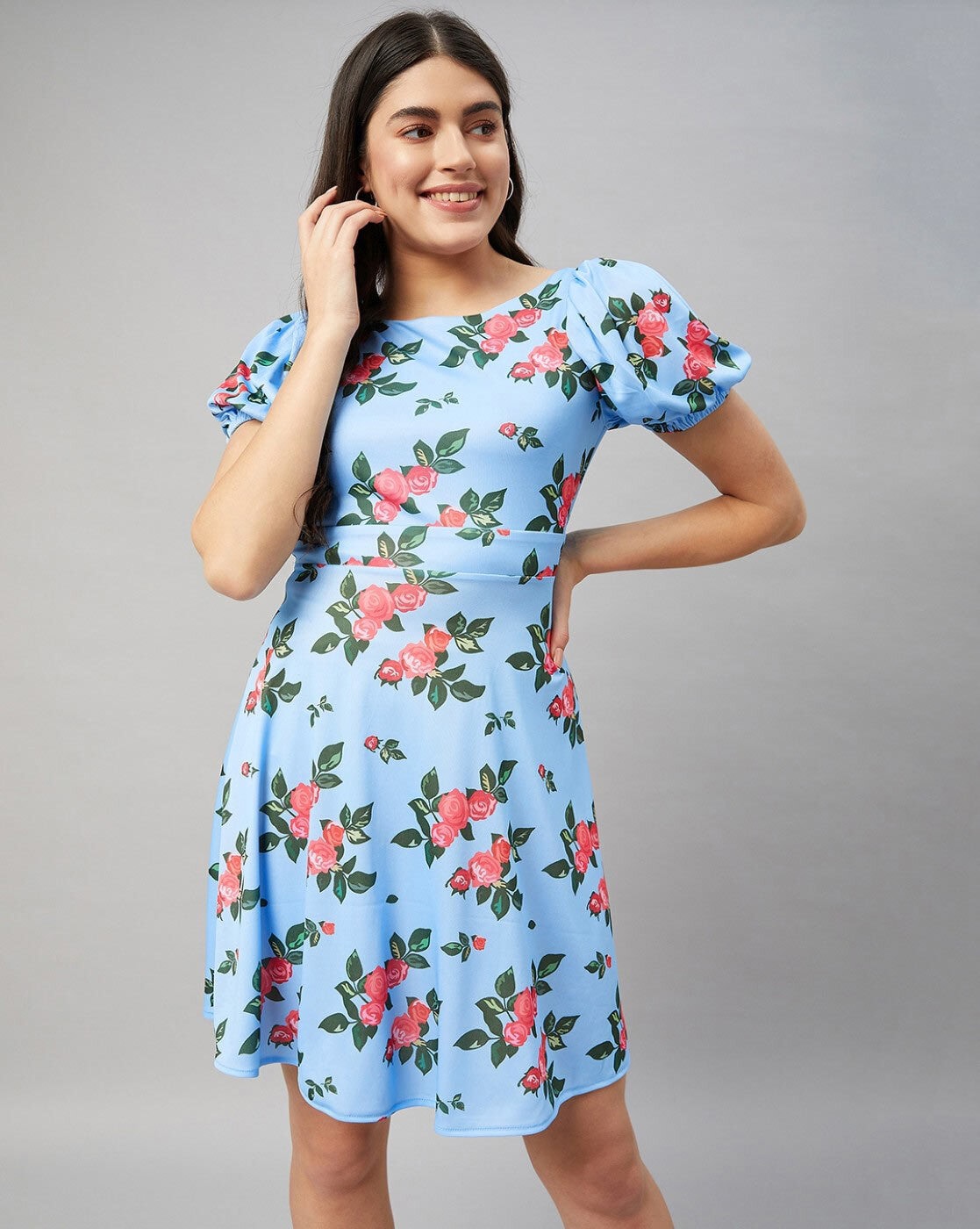 Sky Blue Flower Printed Maxi Dress with Waisted Tie-Up Belt – Dezeb