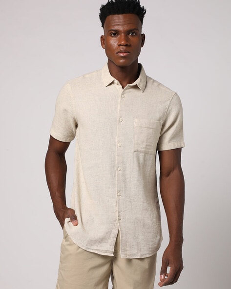 Textured Cotton Linen Shirt with Patch Pocket