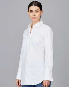 Camessi Spread-Collar Shirt with Drop-Shoulder Sleeves For Women (White, S)