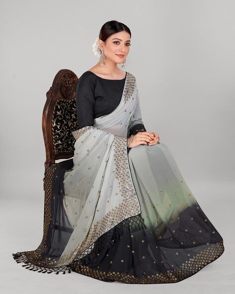 Mist Grey Satin Shimmer Saree With Black Blouse | Kolour