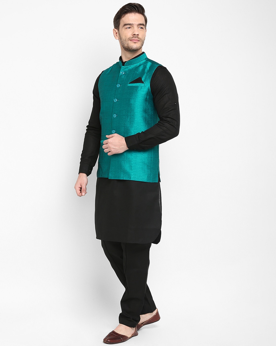 Dark green kurta with on sale waistcoat