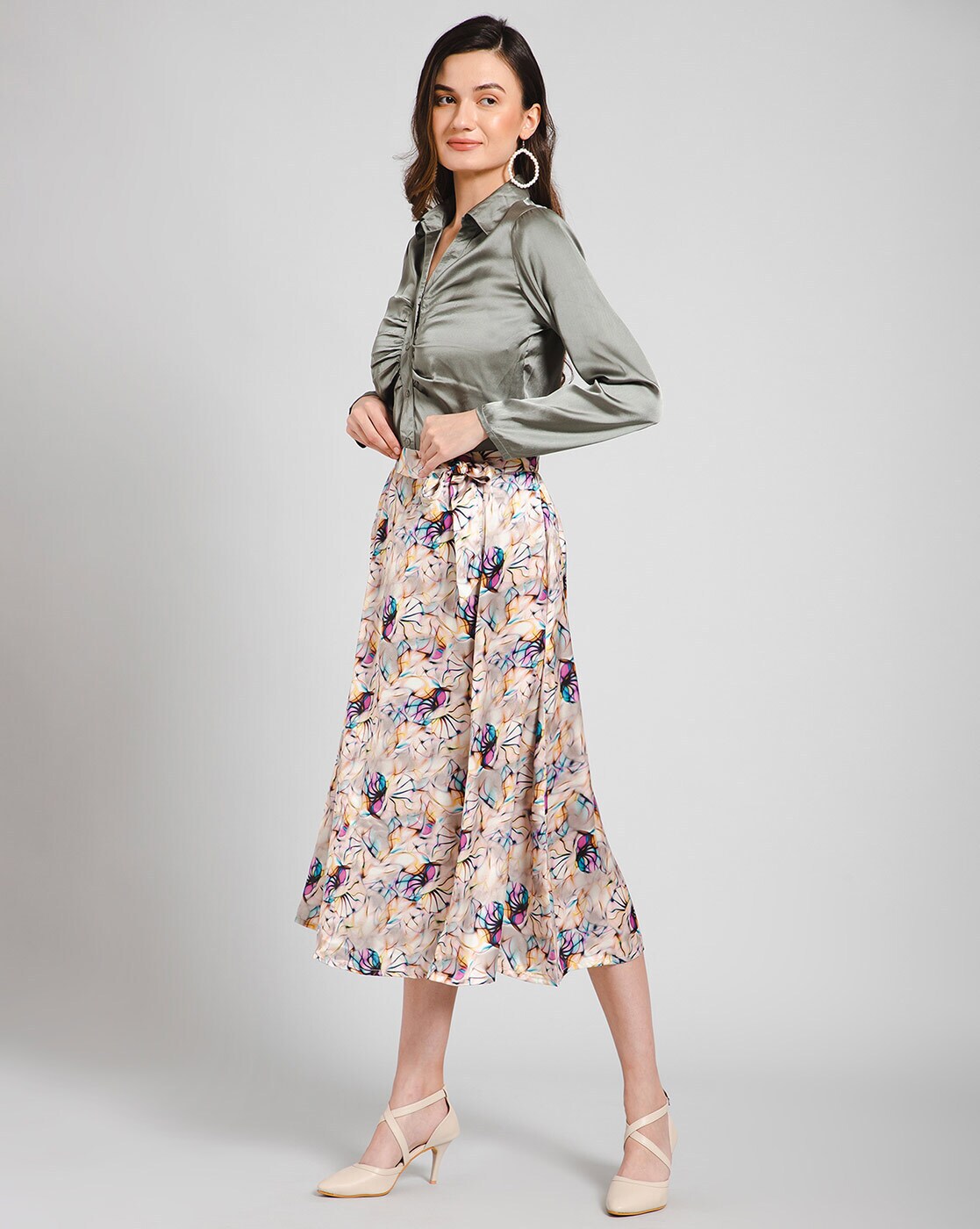 Printed A-Line Belted Skirt with Shirt