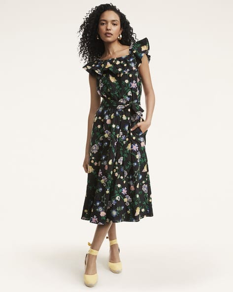 Floral Print Cotton Off-Shoulder Fit Flare Dress