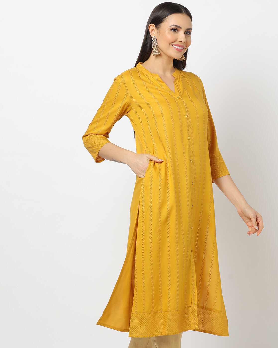 Ada Hand Embroidered Yellow Georgette Lucknow Chikankari Kurta with Slip -  A158875 - Ada - 2134716